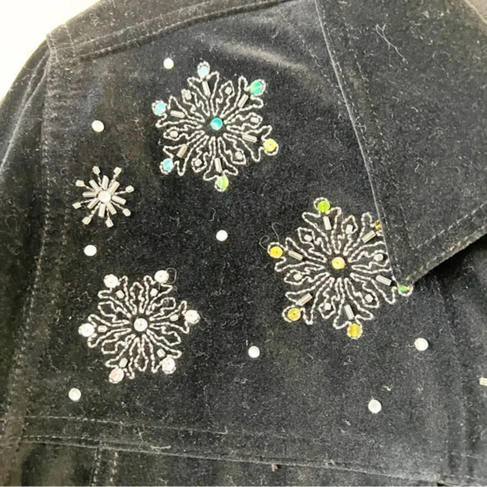 Quaker Factory Black Velvet Jean Jacket Women's Size Small Snowman Sequins New - Picture 5 of 9